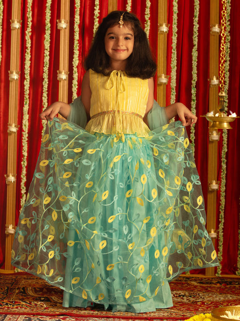 Girl's' Yellow Crop Top And Aqua Lehenga With Ruffled Dupatta Set